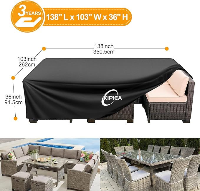 Kipiea Outdoor Furniture Covers Waterproof, 420D Heavy-Duty Patio Furniture Set Covers, No Tears Anti UV No Fading(138" L x 103" W x 36" H)