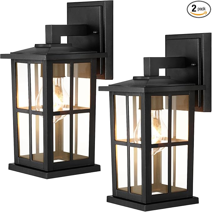 2-Pack Outdoor Wall Light Fixtures, Exterior Porch Lights, Black | Waterproof, Rust-Resistant, Aluminum Frame & Tempered Glass, Easy to Install, Ideal for Front Door, Garage
