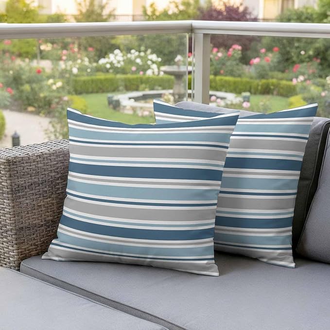 Blue Grey Striped Outdoor Pillow Cover 16x16 Inch Cushion Sham Case, Farmhouse Stripes Modern Abstract Art Waterproof Decorative Square Throw Pillowcase for Outside Garden Patio Porch Couch Chair Tent