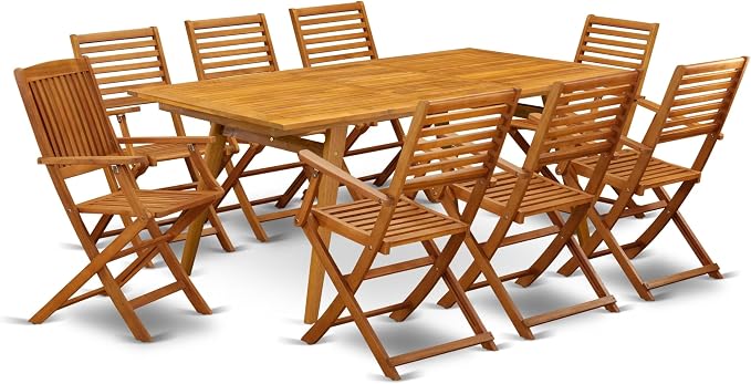 East West Furniture DEBS9CANA 9 Piece Patio Garden Table Set Includes a Rectangle Outdoor Acacia Wood Dining Table and 8 Folding Arm Chairs, 40x72 Inch, Natural Oil