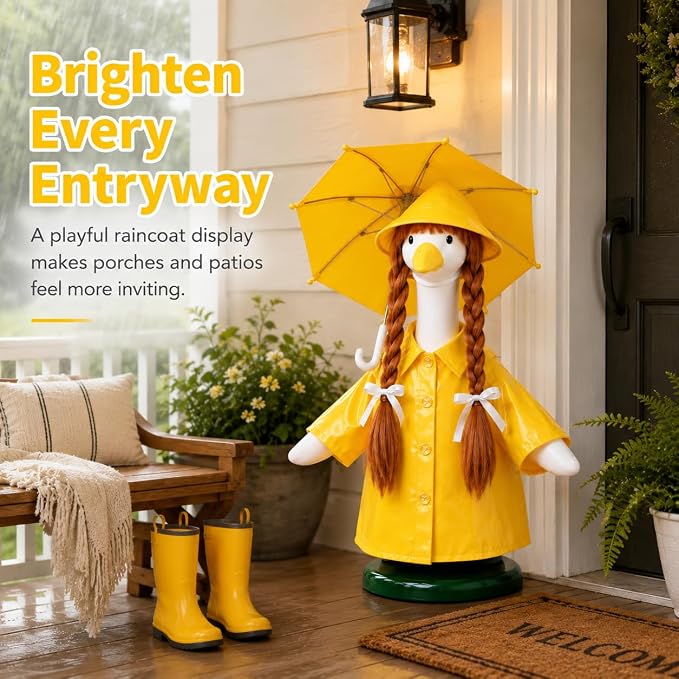 Porch Goose Raincoat Outfit 4 Pieces Summer Porch Goose Outfit with Brown Braided Wig Rain Hat Umbrella Rainy Day Clothes Decor for Lawn Goose Statues