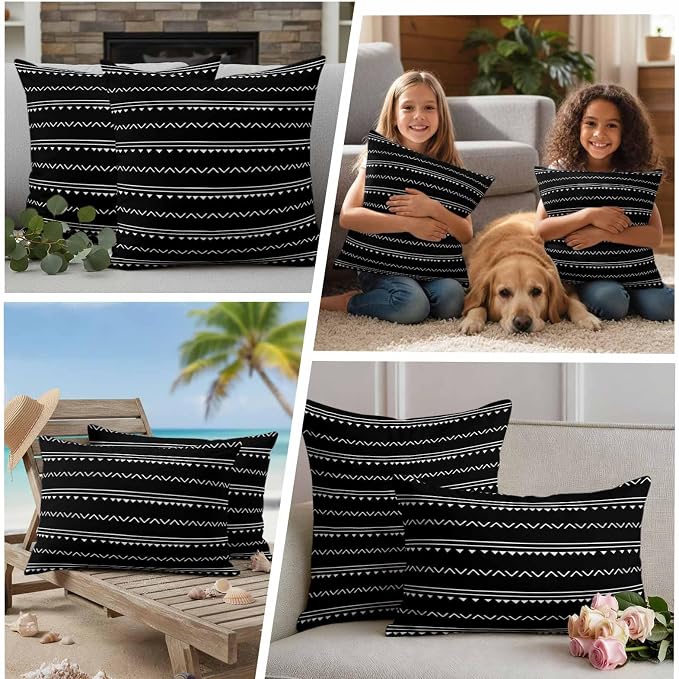 Black Boho Outdoor Waterproof Throw Pillow Covers Set of 2, 20"x20", Geometric Stripes Triangle Decorative Pillow Covers Outside Cushion Case for Patio Porch Garden
