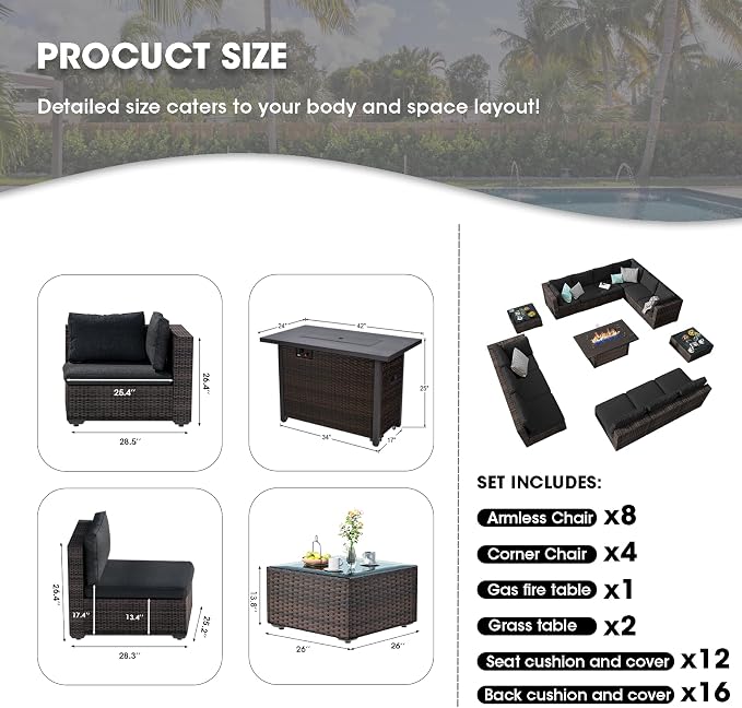 Grezone 15 Piece Patio Furniture Set with 44" Fire Pit Table, Outdoor Sectional Couch, PE Rattan Patio Conversation Sets with 4inch Cushions for Backyard Black