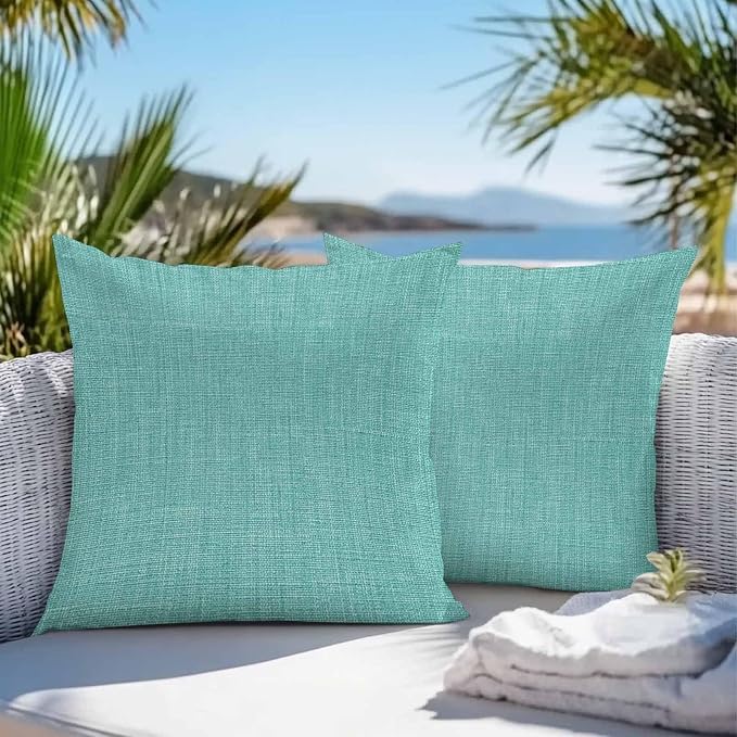 Vandarllin Outdoor Throw Pillows Covers 24x24 inch Set of 2 Waterproof Turquoise Linen Decorative Zippered Cushion Covers for Patio Furniture, Farmhouse Pure Color Lumbar Pillowcases