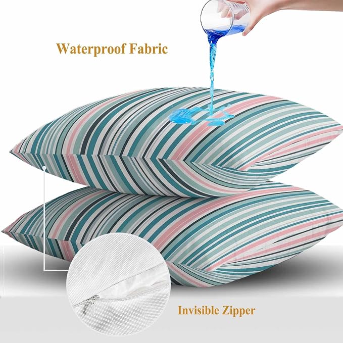 Outdoor Waterproof Throw Pillow Covers Set of 2 Turquoise Blue Striped Pillowcases 16x16 Inches Geometric Pink Stripes Decorative Pillows Cushion Case Patio Pillows for Couch Bed Chair Garden