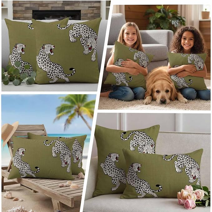 Vandarllin Outdoor Throw Pillows Covers 20x12 inch Set of 2 Waterproof Green Leopard Decorative Zippered Cushion Covers for Patio Furniture, Bohemian Animal Print Lumbar Pillowcases
