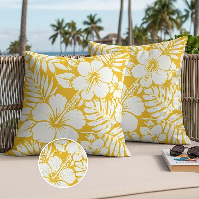 Yellow Hibiscus Flowers Waterproof Outdoor Pillow Covers Set of 2 Home Decor, Tropical Monstera Leaves Pillowcase Patio Pillow Covers for Couch Bench Patio Furniture Garden 18x18in