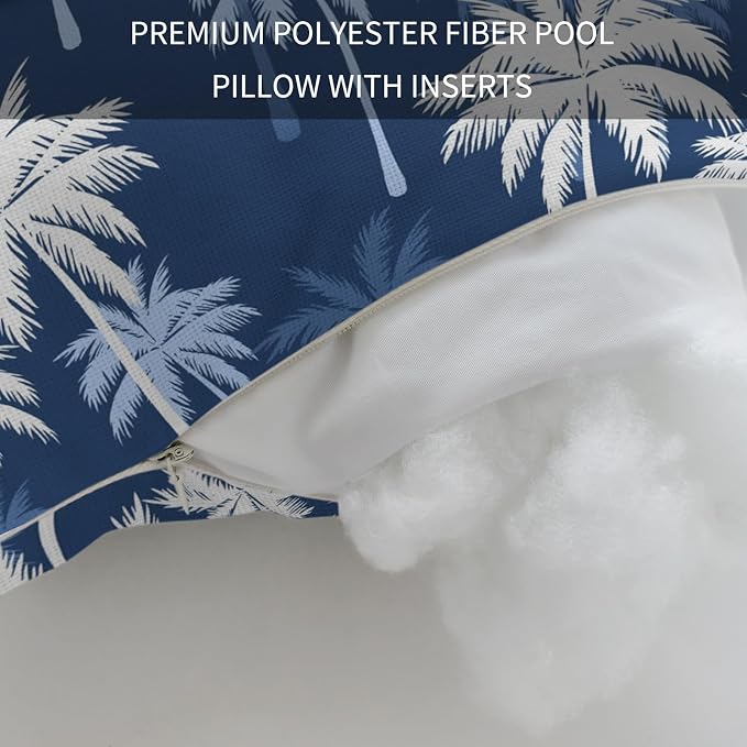 Tropical Palm Tree Outdoor Pillows for Chaise Lounge Chair Waterproof Lumbar Pillows with Insert&Adjustable Elastic Strap Beach Headrest Pillow Navy Blue White Plants Coastal Leaf Pool Pillow 12"x20"