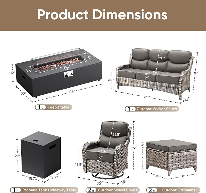 HUMMUH Luxury Patio Furniture Set 6-inch Thick Cushions High Back Swivel Rocker Chairs & 3 Seater-Couch & Steel Fire Pit Table 7 Pieces Outdoor Conversation Set for Porch,Deck,Backyard