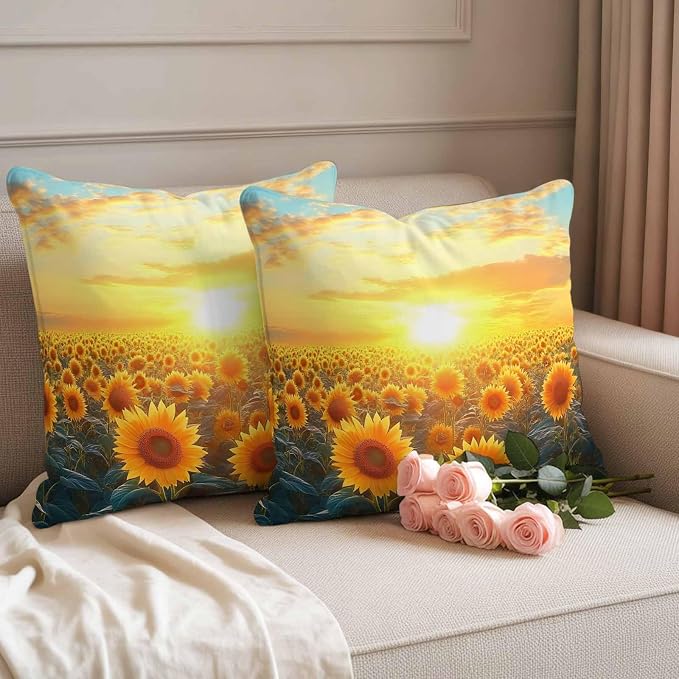 Summer Sunflower Waterproof Outdoor Pillow Covers Set of 2 Home Decor, Watercolor Pastoral Botanical Floral Pillowcase Patio Pillow Covers for Couch Bench Furniture Garden 26x26in