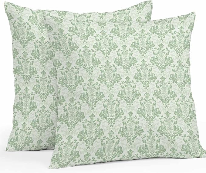 Green Scroll Floral Waterproof Outdoor Pillow Covers Set of 2 Home Decor, Baroque Damask Medallion Pattern Pillowcase Patio Pillow Covers for Couch Bench Furniture Garden 16x16in