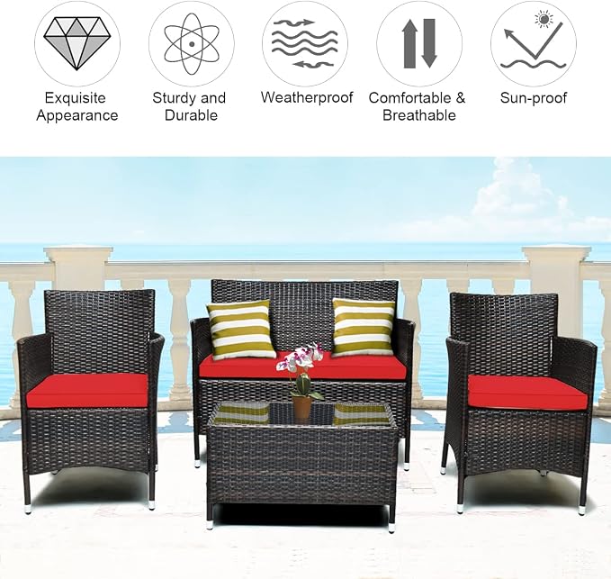 COSTWAY 8PCS Rattan Patio Furniture Set | Outdoor Wicker Rattan Chairs with Coffee Table, Rattan Cushioned Conversation Set for Backyard Balcony Poolside, Red