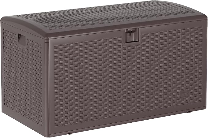 Jojoka 99 Gallon Outdoor Storage Box – Brown Lockable Deck Box with Waterproof & UV-Resistant Lid – Large Capacity Patio Storage Bench for Garden Tools, Cushions & Pool Accessories – Durable Webbing