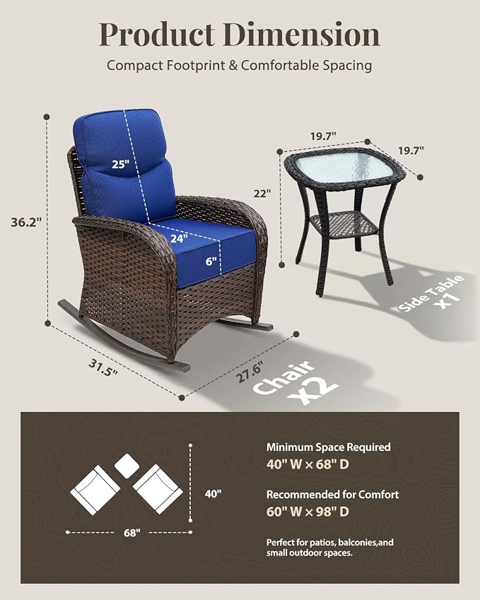 Luxury Patio Furniture Set, High Back Outdoor Rocking Chairs with 6" Thick Cushions and Table, 3 Pieces All Weather Bistro Conversation Set for Porch Deck Balcony Yard (Blue)