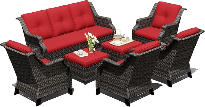 Outdoor Patio Furniture Set, 7 Piece Wicker Patio Furniture with Thick Cushions, Curved Armrest, Deep Seating, Rattan Outdoor Chairs for Porch, Deck, Balcony