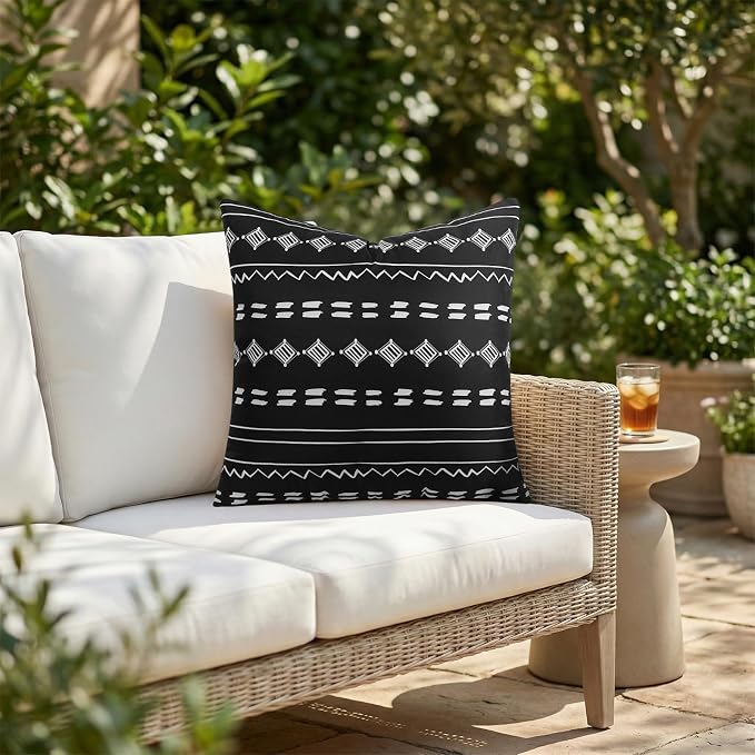 Outdoor Waterproof Pillow Covers 18x18 Set of 2 Black Geometric Design | Waterproof Fabric Designed for Patio Furniture, Porch, Balcony and Garden Decor