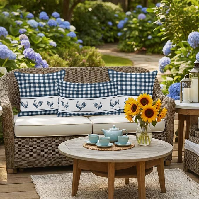 Outdoor Waterproof Throw Pillow Covers Set of 2 Chicken Cock Rooster Pillowcases 26x26 Inches Farmhouse Animal Blue Plaid Decorative Pillows Cushion Case Patio Pillows for Couch Bed Chair Garden