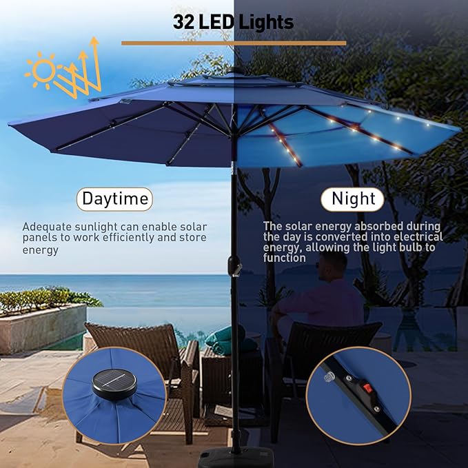 COSIEST 9FT 3 Tiers LED Patio Umbrella, Outdoor Umbrella with Solar LED Lights, Market Patio Table Umbrellas with 8 Sturdy Ribs, Pool Umbrella for Garden, Pool, Backyard, Navy Blue