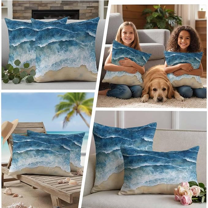 Abstract Waves Outdoor Waterproof Throw Pillow Covers Set of 2, 24"x24", Blue Ocean Spray Beach Watercolor Decorative Pillow Covers Outside Cushion Case for Patio Porch Garden