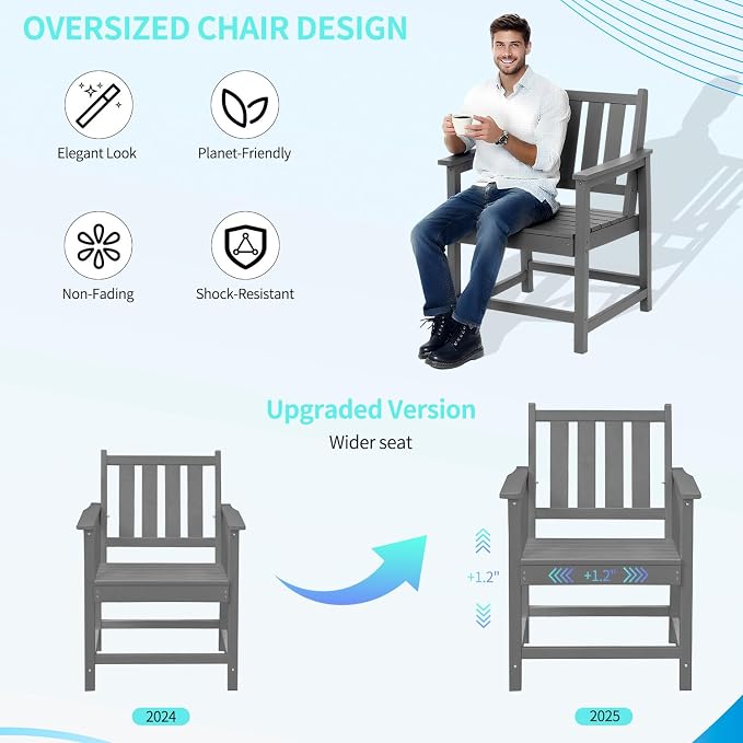 Outdoor Patio Dining Chair Set of 2, All-Weather HDPE Patio Chairs with Backrest and Armrest, 300 lbs Support Outdoor Furniture Chairs for Backyard, Garden, Deck, Grey