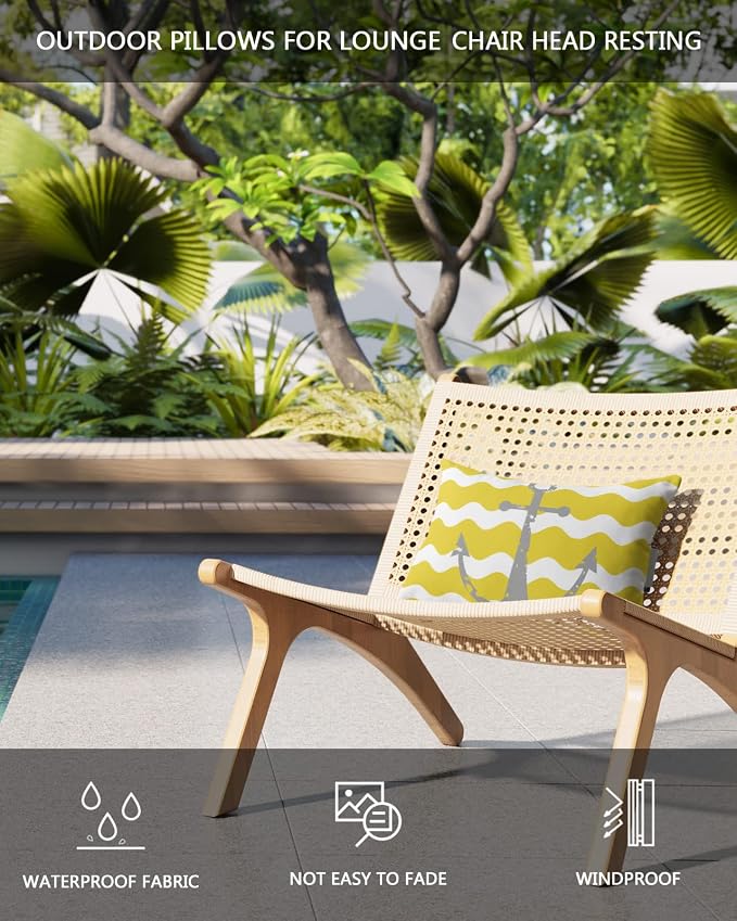 Outdoor Pillows Covers with Inserts Grey Nautical Anchor Yellow Wavy Stripes Waterproof Recliner Pillow with Adjustable Strap Throw Pillows for Patio Furniture Pool Lounge Chair, 11x16 inch, 1PCS