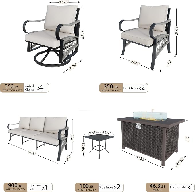 10 Pieces Patio Furniture Set, Metal Outdoor Conversation Sets with Fire Pit Table and Swivel Chairs for Backyard Garden Deck Porch Poolside (Thick Beige Cushions)