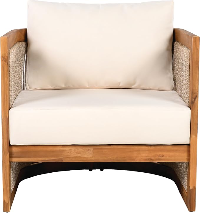 Christopher Knight Home Malphite 3 Pieces Conversation Set, Acacia Wood Chat Set, Round Coffee Table and Woven Rope Accent Chairs, Slat Design Patio Furniture Set for Backyard Garden, Beige + Teak