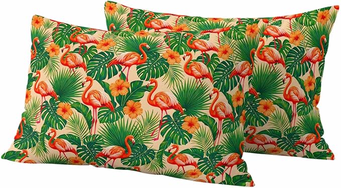 Red Flamingos Outdoor Pillow Covers 20"x12" Set of 2, Jungle Plants Hibiscus Flower Green Leaf Botanical Waterproof Throw Pillow Covers for Patio Furniture, Decorative Cushion Covers for Porch