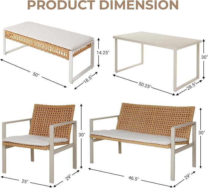 Grand patio 5-Piece Outdoor Dining Set, Wicker Patio Dining Table Set for 6 with Bench and Seat Cushion, Outdoor Patio Furniture Dining Chair Set for Backyard, Garden, Deck