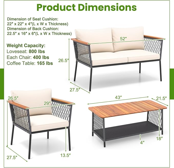 Tangkula 4 Piece Patio Furniture Set, Patiojoy Rattan Chair Set w/ 2-Tier Coffee Table, Acacia Wood Armrests & Tabletop, Soft Seat & Back Cushions, Outdoor Wicker Conversation Set