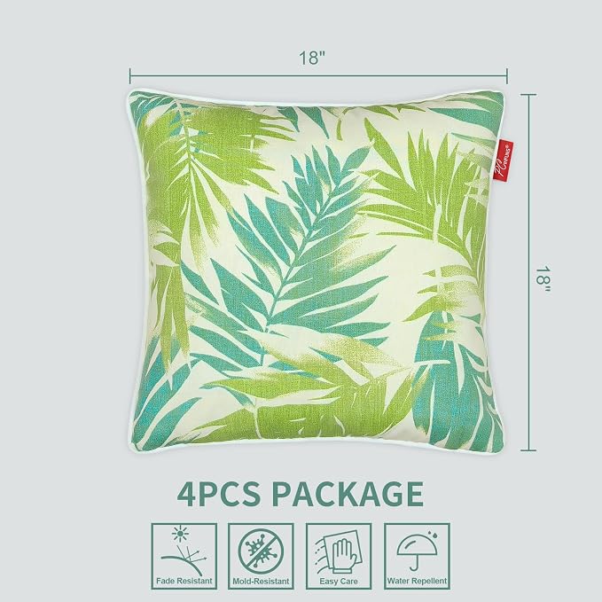 Pack of 4 Outdoor Throw Pillows,18x18 Inch All-Weather Water-Resistant Patio Pillows with Inserts,Decorative Pillows for Patio Furniture,Couch,Sofa,Poolside,Green Leaf