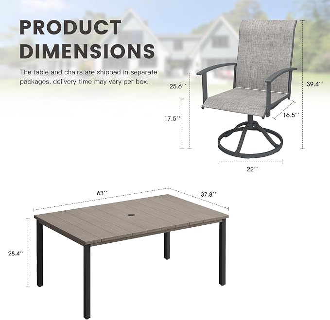 7 Pieces Patio Dining Set, Outdoor Furniture of 63" Rectangular Patio Table and Patio Swivel Chairs for Backyard Lawn Garden, Grey Table and Grey Chairs