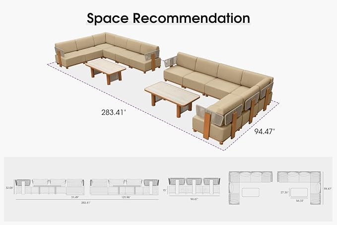 PURPLE LEAF Patio Furniture Set Modular L-Shaped Outdoor Sectional Sofa with 11" Thick Olefin Cushion 14-Piece Outdoor Conversation Set with Tables & White Lights for Backyard Garden Poolside, Beige
