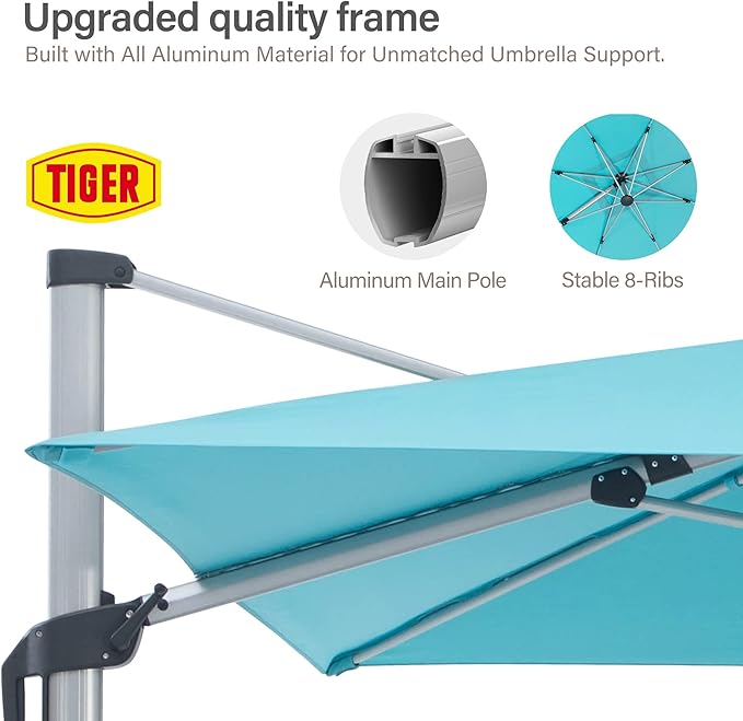 LAUSAINT HOME 11FT Square Cantilever Patio Umbrella, 360° Rotation Offset Umbrella with Aluminum Frame, Large Outdoor Sun Shade for Backyard, Pool, Deck, Lawn(Turquoise Blue)