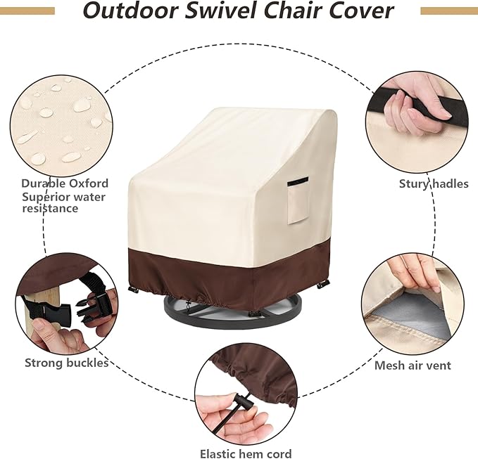 Outdoor Swivel Chair Covers 2 Pack, 33 W x 35 D x 38.5 H inches, 600D Heavy Duty Waterproof Patio Chair Cover, Outdoor Furniture Covers for Lawn/Garden Chiars, Beige & Brown