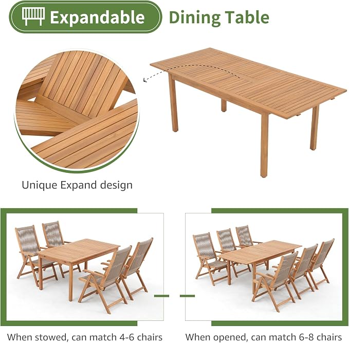 OC Orange-Casual 7 Pieces Patio Dining Set Outdoor Furniture with 6 Foldable Acacia Wooden and Rope Chairs and Large Table for Outdoor,Yard, Garden, Porch，Beige