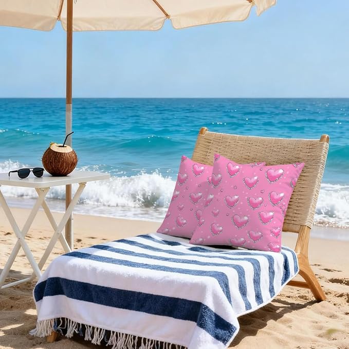 22x22 Inch Outdoor Pillow Covers Set of 2 Waterproof Throw Pillow Covers Decorative Couch Cushion Covers Pink Hearts with_ Diamonds Square Pillowcases Protectors for Patio Garden Sofa