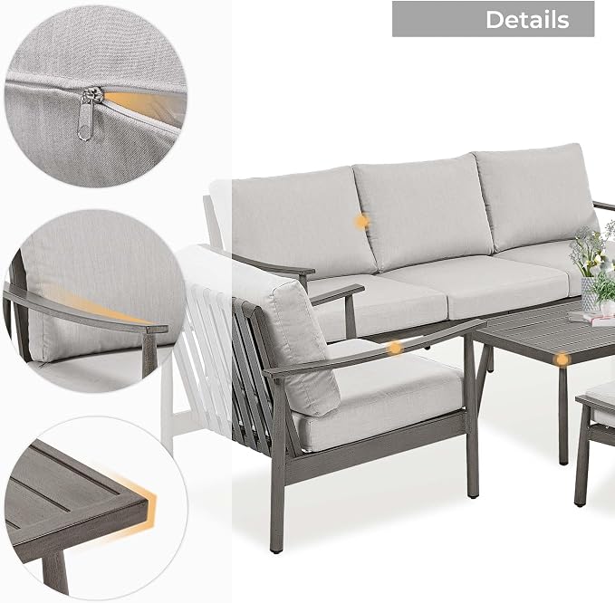 HAPPATIO Patio Outdoor Furniture Set - 7 Pieces Aluminum Outdoor Conversation Set Includes 1 Three-Seater Sofa, 1 Coffee Table, 1 Side Table, 2 Armchairs and 2 Ottomans for Porch Lawn (Grey)