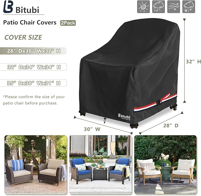 Bitubi Waterproof Patio Chair Covers, Lounge Deep Seat Cover Fits Up to 28W x 30D x 32H inch, Heavy Duty Outdoor Lawn Patio Furniture Cover (2 Pack, Black)