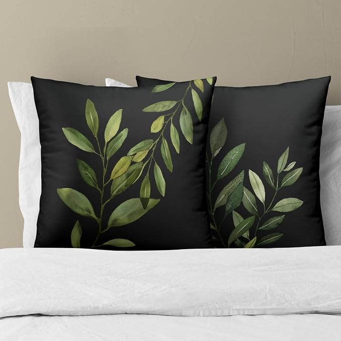 Green Leaf Throw Pillow Covers Set of 2, 20x20 Inch Spring Plants Leaves Rustic Print Black Square Pillowcases for Living Room Bedroom Sofa Couch Patio Outdoor Home Decor