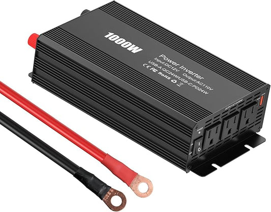 1000W Power Inverter for Vehicles,DC 12V to AC 110V Charger with USB-A Fast 24W&Type-C PD24W and Battery Inverters Cables,Converters for Home,Camping