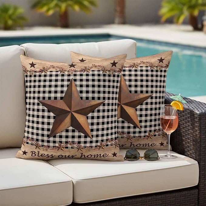 Outdoor Pillow Covers 18x18 Set of 2, Western Texas Star Vintage Waterproof Patio Throw Pillow Covers for Couch Sofa Chair, Rustic Wreath Wood Black Plaid Decorative Pillowcases for Throw Pillows