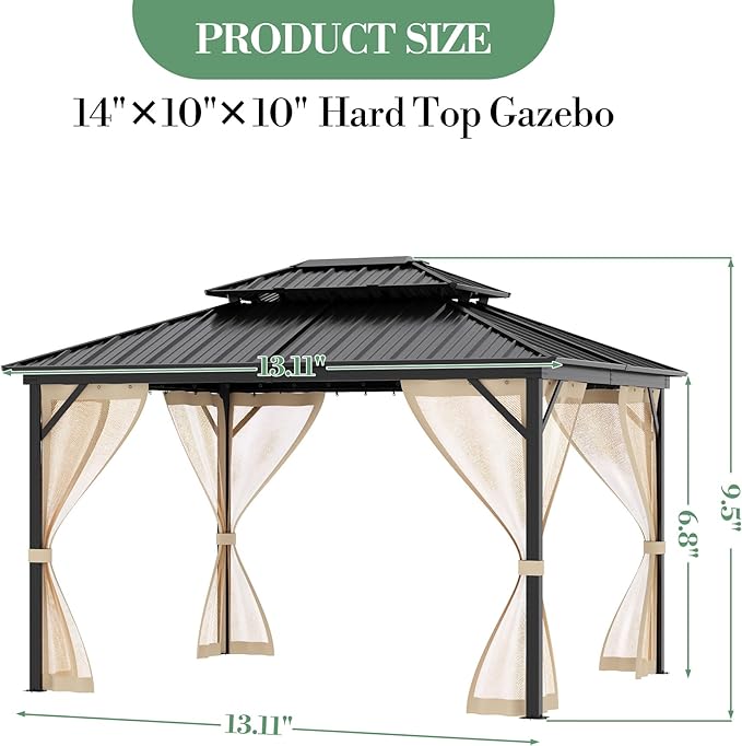 10' x 14' Hardtop Gazebo with Galvanized Steel Double Roof, Heavy Duty Outdoor Gazebo with Netting & Curtains for Patio, Backyard, Deck & Lawn