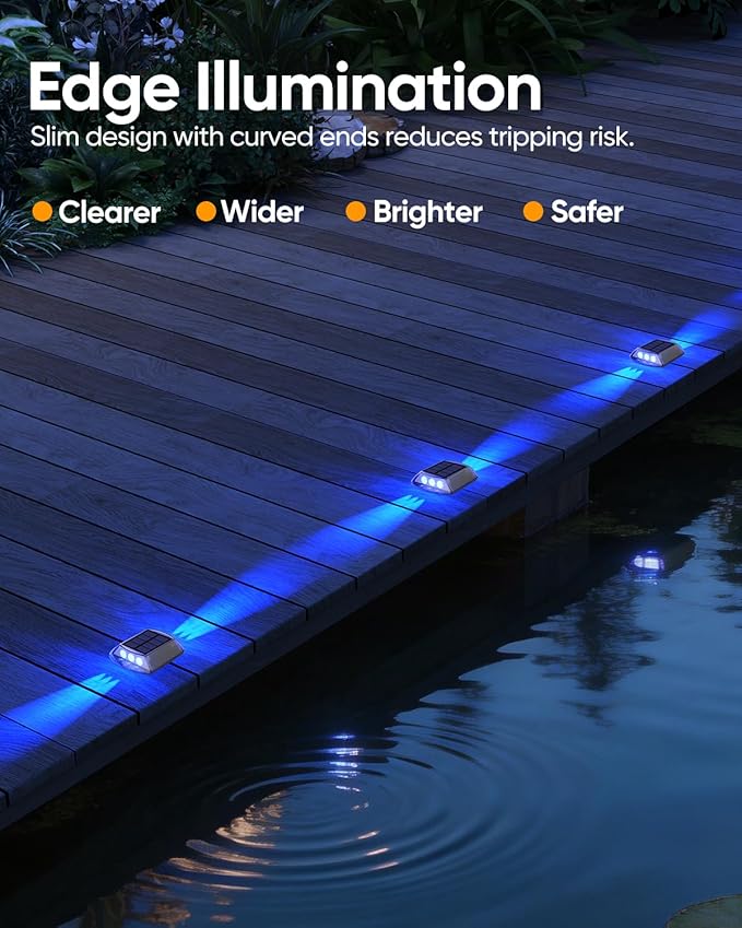 DetarZinLED Solar Driveway Lights Outdoor, 4 Pack IP68 Waterproof Dock Deck Lights Solar Powered, Stick on & Screw Blue Markers Light for Pathway, Walkway, Sidewalk, Patio, Pool Deck, Garage Entrance