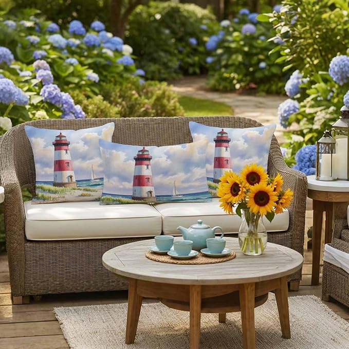Beach Lighthouse Waterproof Outdoor Pillow Covers Set of 2 Home Decor, Coastal Ocean Ship Sky Oil Painting Pillowcase Patio Pillow Covers for Couch Bench Furniture Garden 20x12in
