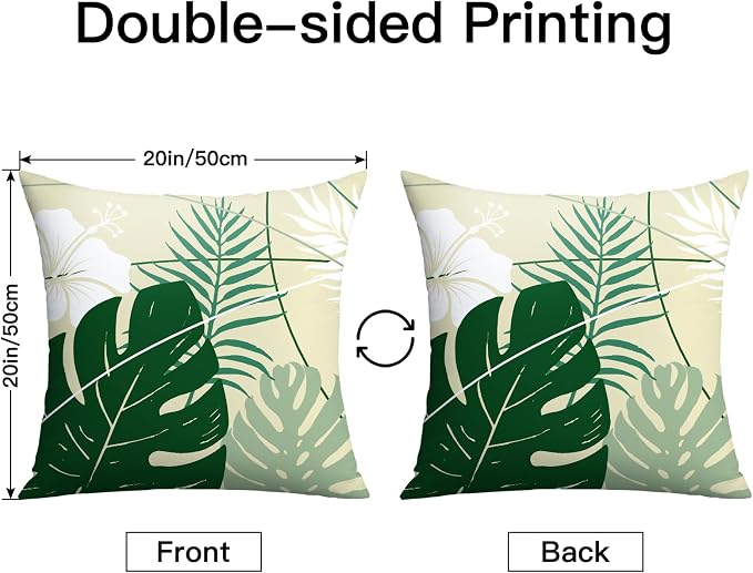 OTOSTAR Outdoor Waterproof Throw Pillow Covers 20x20 Inch Set of 2 Double-Sided Green Tropical Leaf and Flower Spring Summer Decorative Pillow Cases for Patio Funiture Garden Balcony Couch