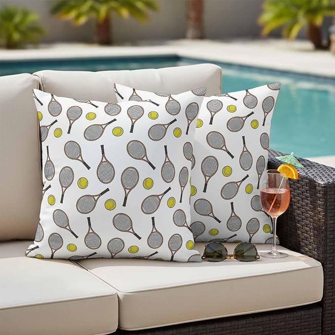 Tennis Sport Outdoor Pillow Covers 18x18 Inch Throw Pillow Covers Set of 2 Waterproof Decorative Pillow Cases Cartoon Classic Tennis Pattern Cushion Covers for Patio Furniture Garden Couch Sofa