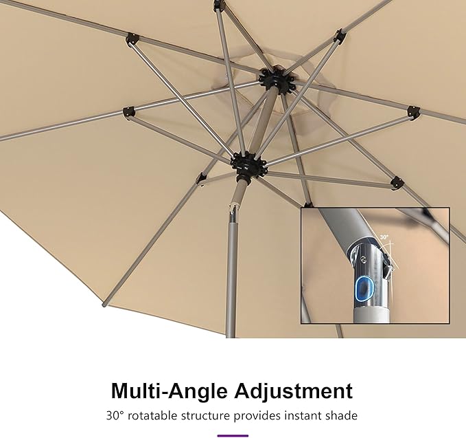 PURPLE LEAF 10' Round Market Umbrella, Patio Umbrella with Base Included, Heavy Duty Outdoor Table Umbrella with Tilt, Aluminum Pool Umbrella for Deck, Garden, or Poolside, Khaki