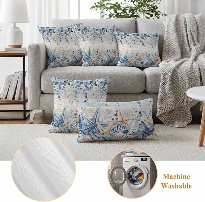 Marine Life Outdoor Waterproof Throw Pillow Covers Set of 2, 16"x16", Watercolor Blue Beige Starfish Shell Leaves Wood Decorative Pillow Covers Outside Cushion Case for Patio Porch Garden