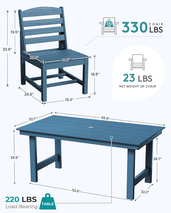 SERWALL Armless Outdoor Dining Chair Set of 2, All Weather Resistant, Blue | Armless Dining Chairs built to last with 330 lb capacity. Compact 24.6"Dx19.3"Wx33.6"H. Weatherproof & easy to clean.
